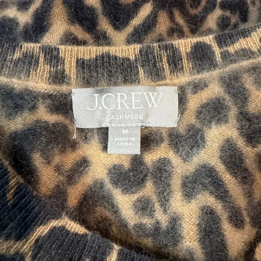 J. Crew 100% Cashmere Shrunken Brushed Crewneck Sweater Leopard Print Fuzzy